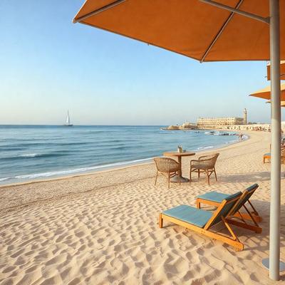 The primary subject of the image is a beach scene with a variety of chairs and umbrellas. The setting is a sandy beach with the ocean in the background. The visual style is a photo, capturing the natural environment and the arrangement of the chairs and umbrellas. The colors and mood of the image are predominantly warm and inviting, with the sunny day and the presence of the ocean contributing to a relaxing atmosphere.